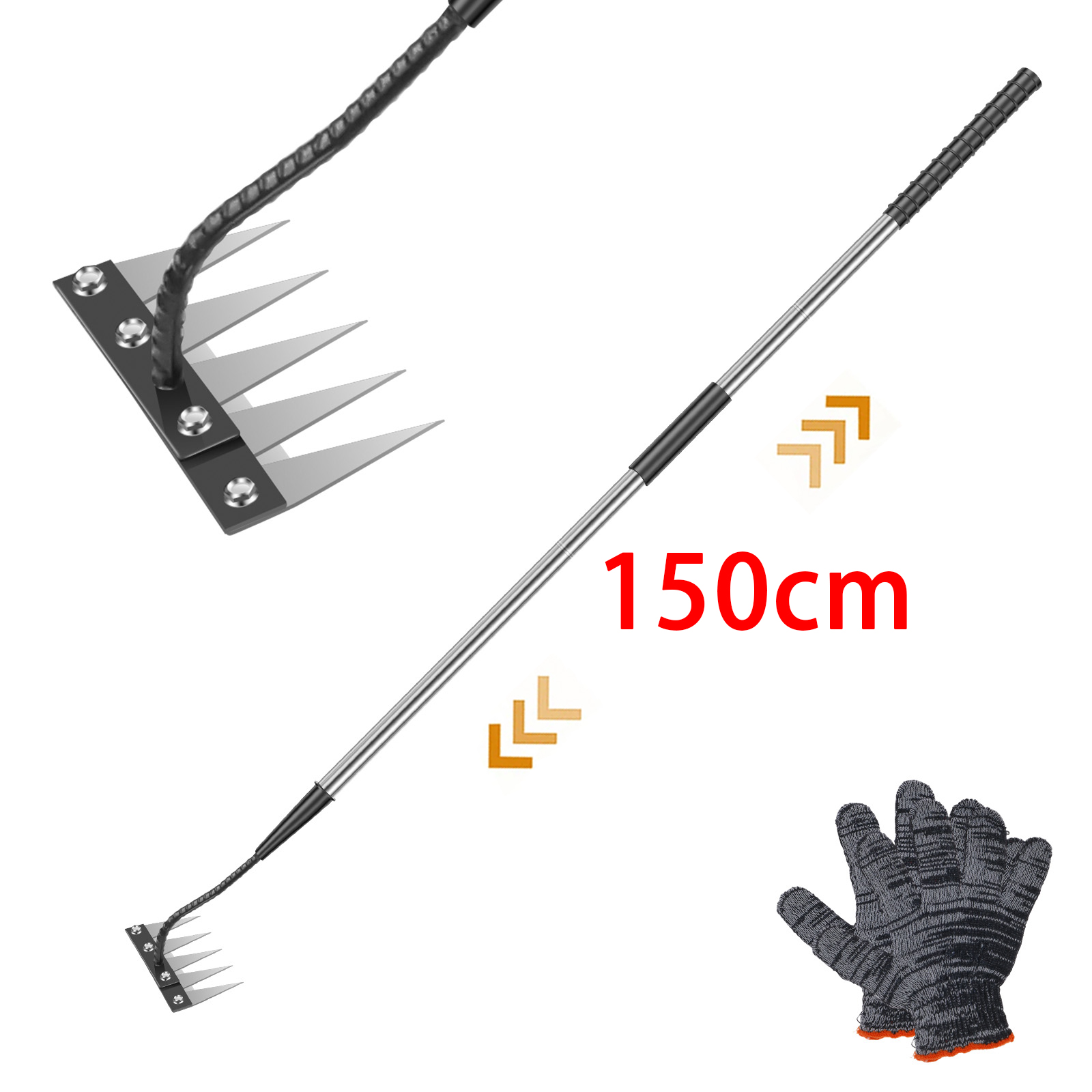 Garden Gloves - 5-Zahn-Unkrautrechen aus Edelstahl mit langem, verstellbarem